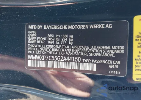 2016 Mini Hardtop Cooper S из США, поврежденный, VIN WMWXP7C55G2A44150